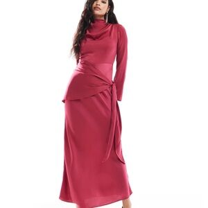 ASOS DESIGN satin maxi dress with tie waist overlay detail in berry pink